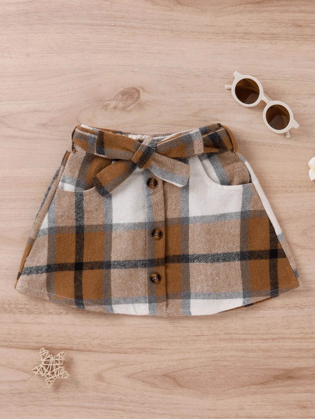 Checkered Charm: Girls' Belted Wool-Blend Skirt - IRRAKIDS