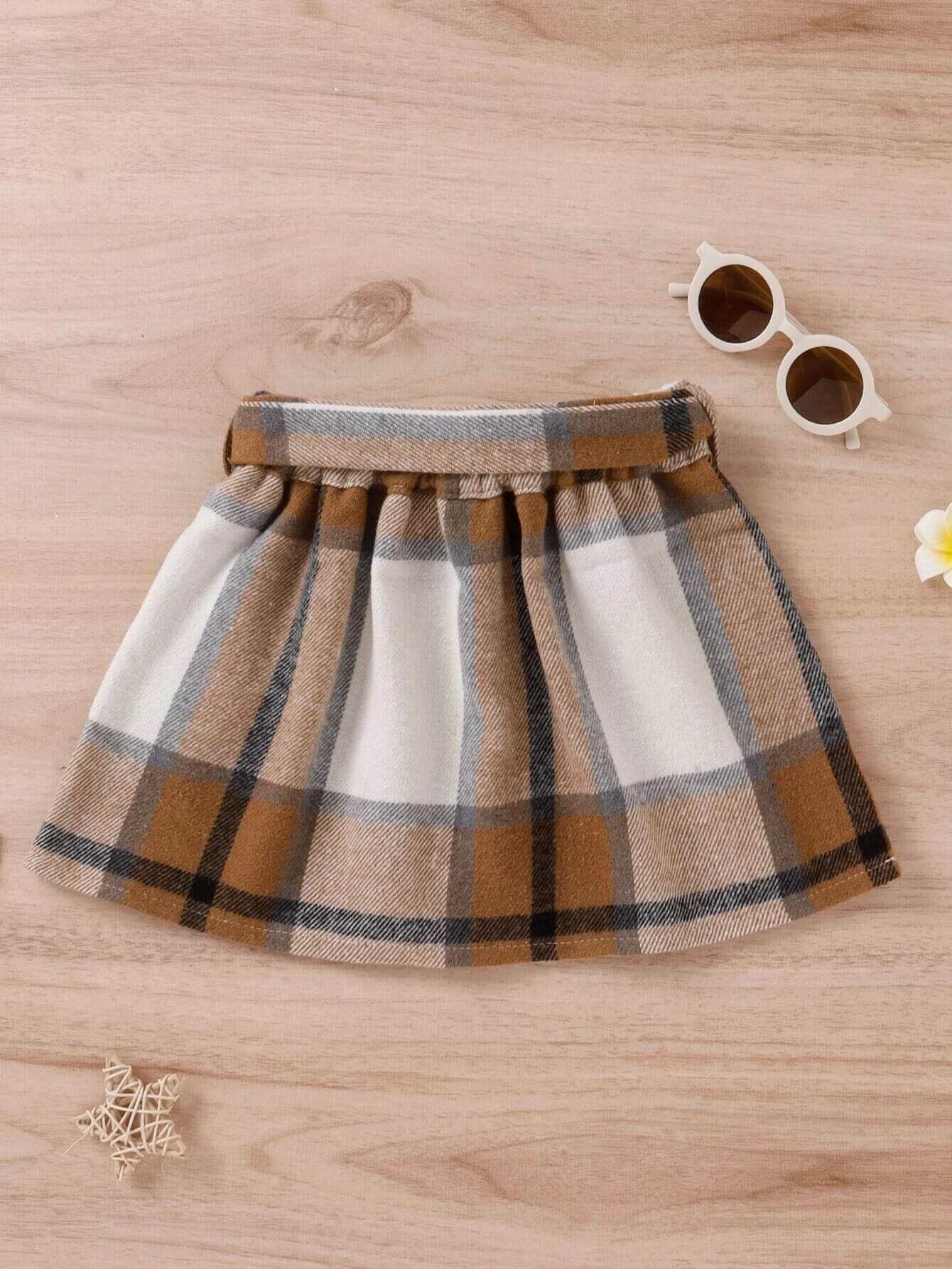 Checkered Charm: Girls' Belted Wool-Blend Skirt - IRRAKIDS