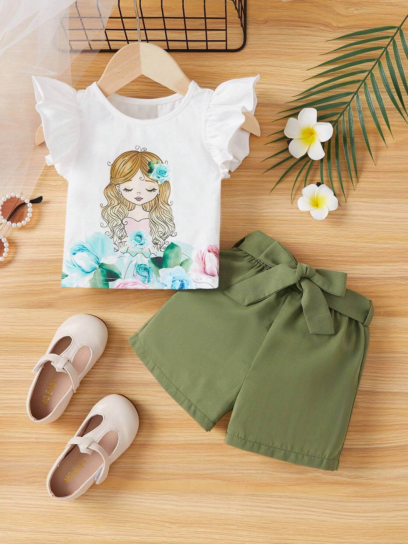 Ensemble Adorable pour Bébés Filles : Blouse à Manches Courtes et Capuche, Avec Ceinture et Short - IRRAKIDS