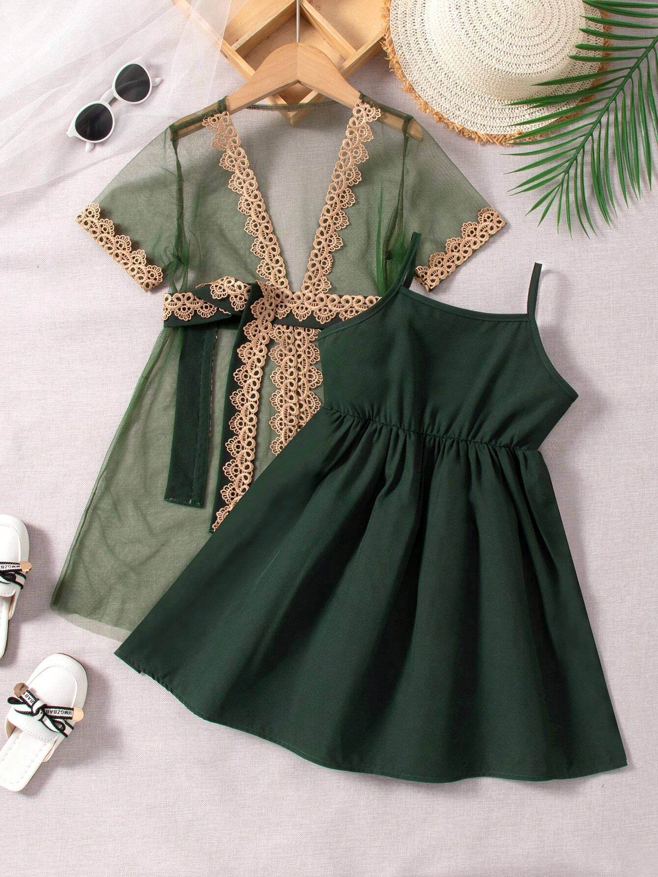 Lace Dreams: A Young Girl's Perspective Mesh Jacket and Slip Dress Ensemble - IRRAKIDS