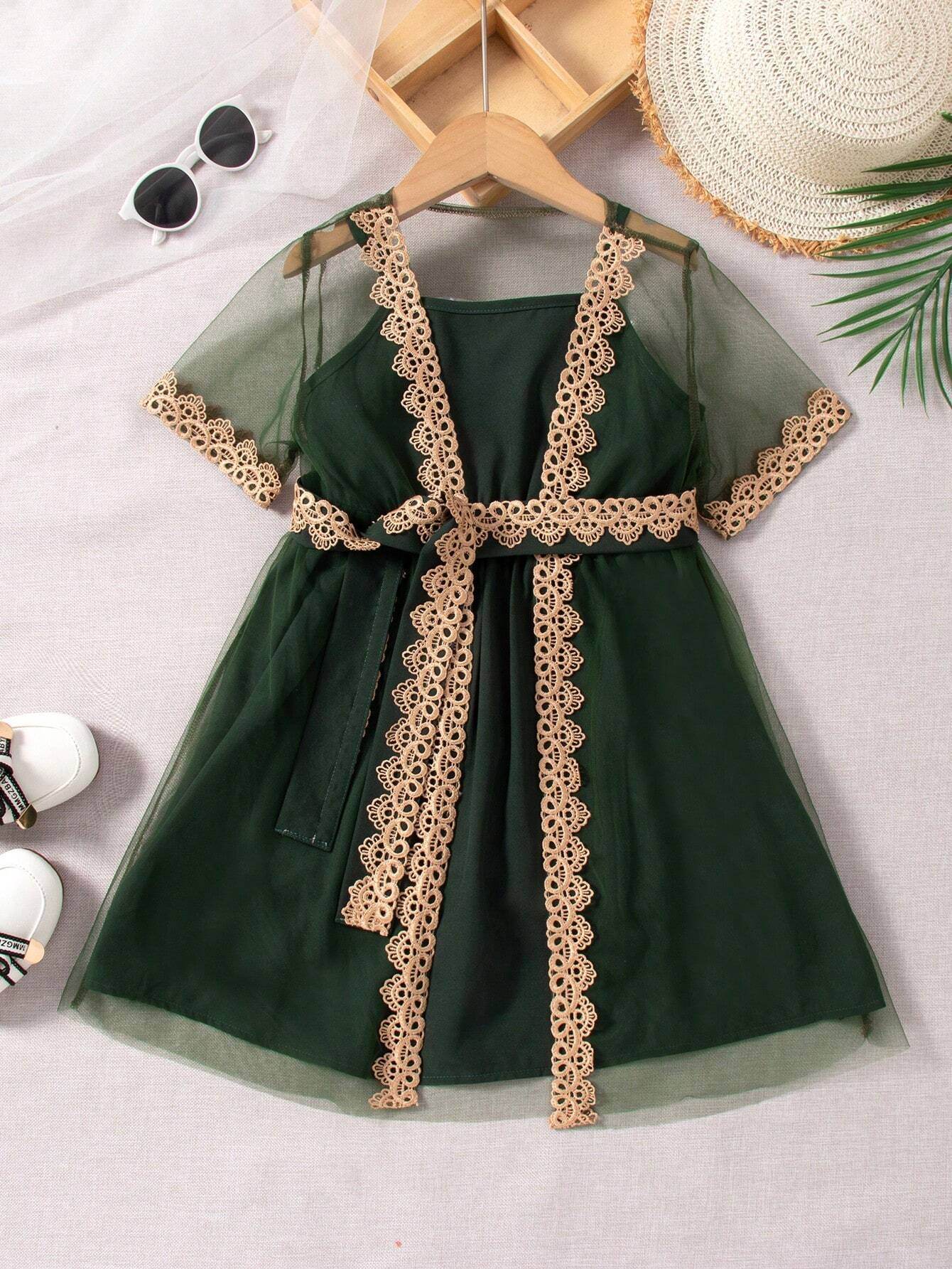 Lace Dreams: A Young Girl's Perspective Mesh Jacket and Slip Dress Ensemble - IRRAKIDS