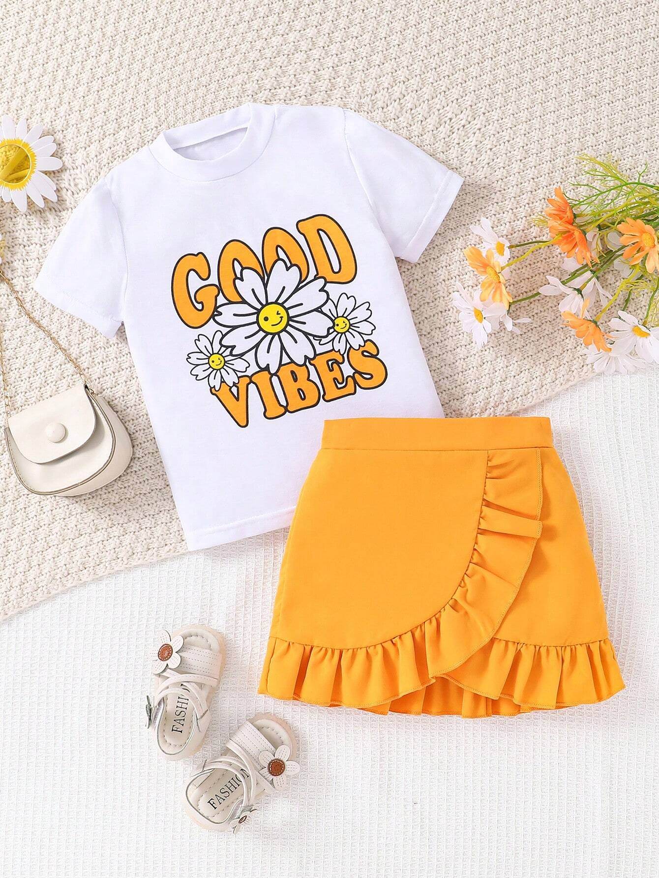 Floral Dreams: Girl's Graphic Tee & Ruffle Trim Skirt Set - IRRAKIDS