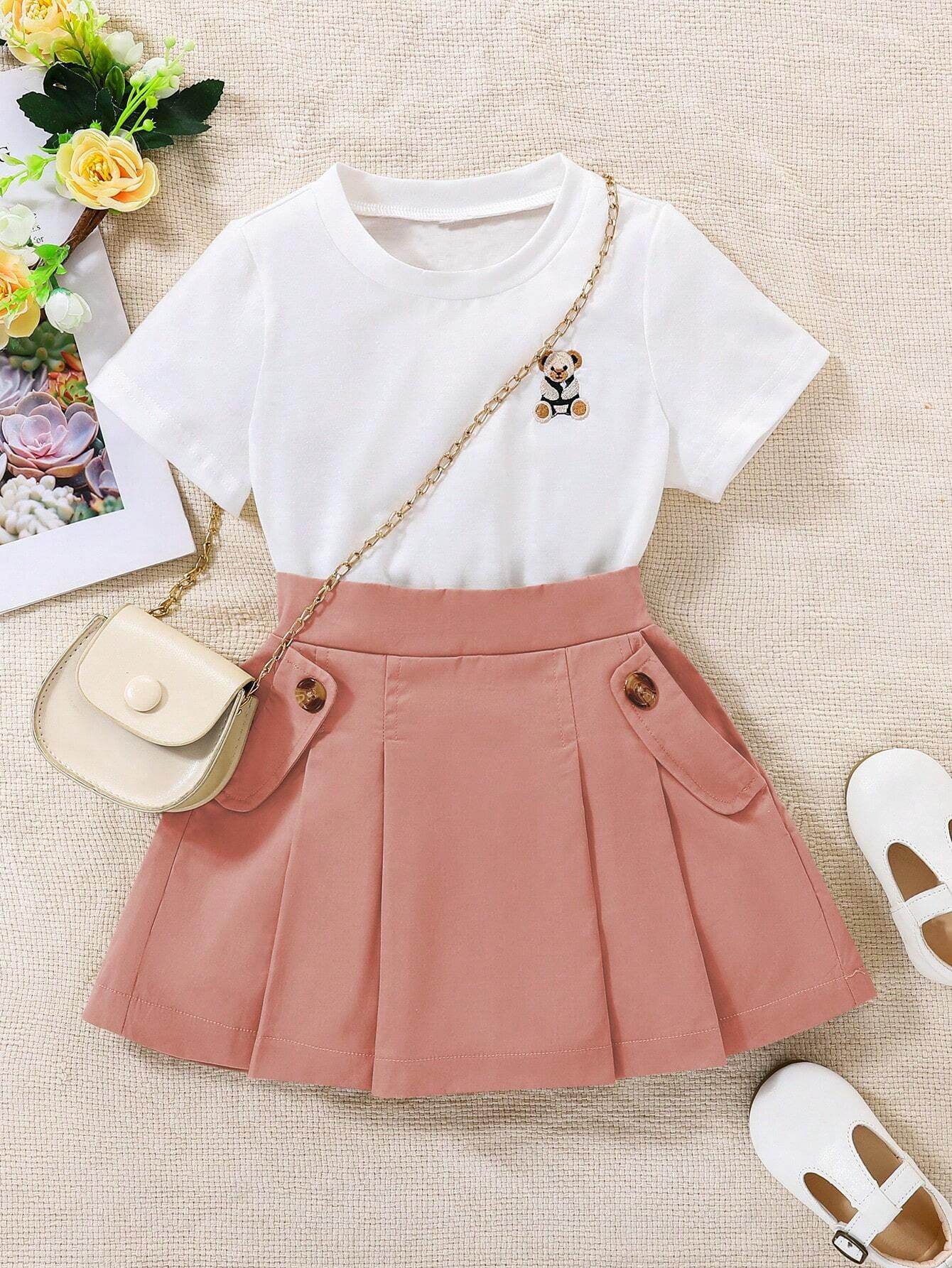 Adorable Two-Piece Toddler Girl Ensemble: Pleated Pocket Casual Cartoon Color Blocks - IRRAKIDS