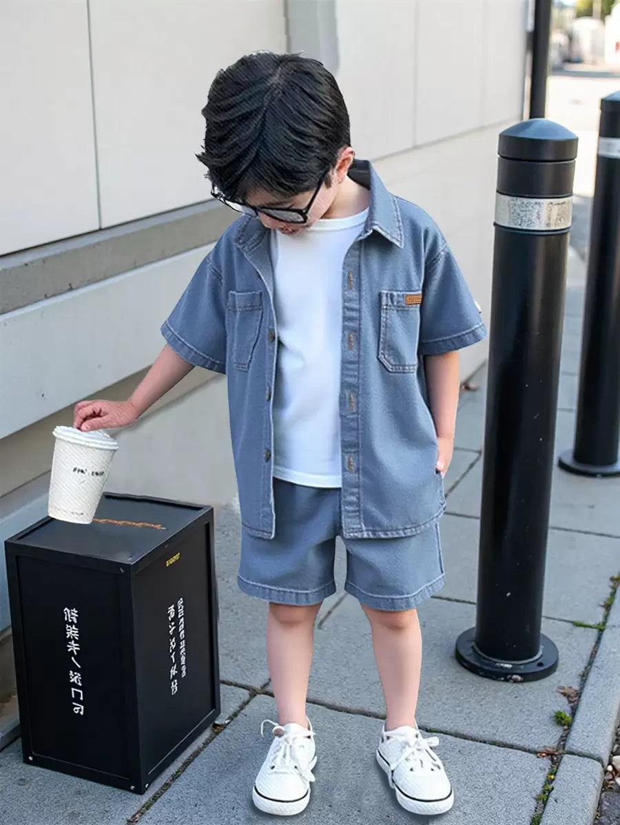 Toddler Boys 3-Piece Denim Summer Set: Shirt, T-shirt & Shorts