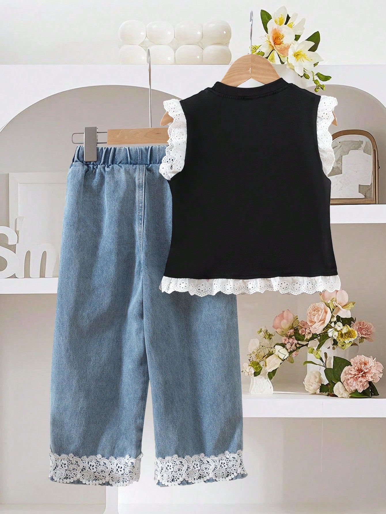 Ensemble 2 pièces d'été pour petite fille : haut à nœud et pantalon large en dentelle