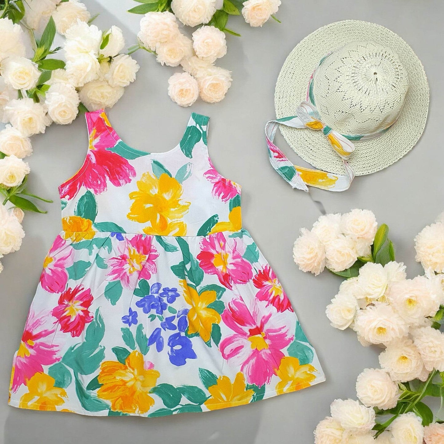 Colorful floral dress, and sun hat - IRRAKIDS