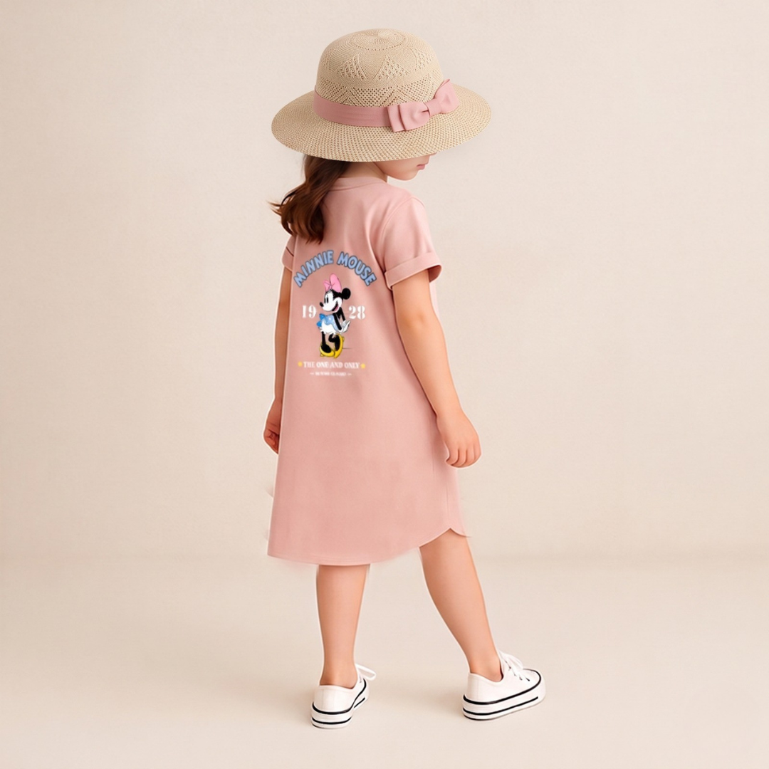 Pure Cotton Girls long shirt– Cartoon Summer home and out Dress with a matching sun hat