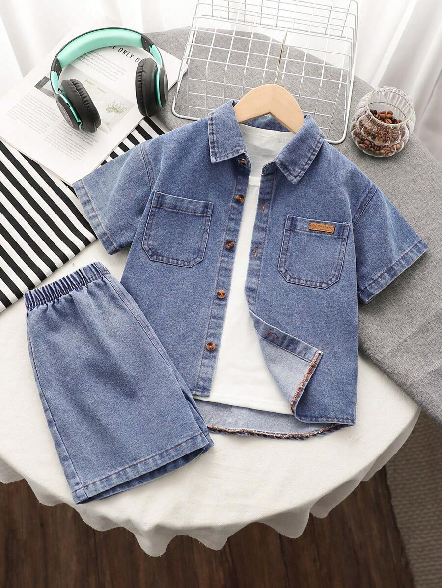 Toddler Boys 3-Piece Denim Summer Set: Shirt, T-shirt & Shorts