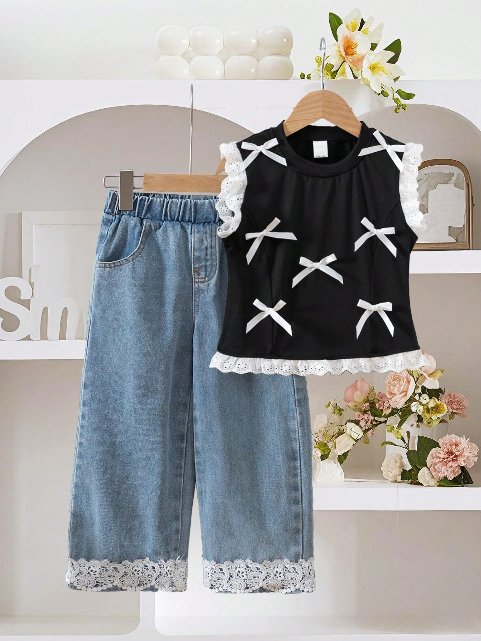 Ensemble 2 pièces d'été pour petite fille : haut à nœud et pantalon large en dentelle