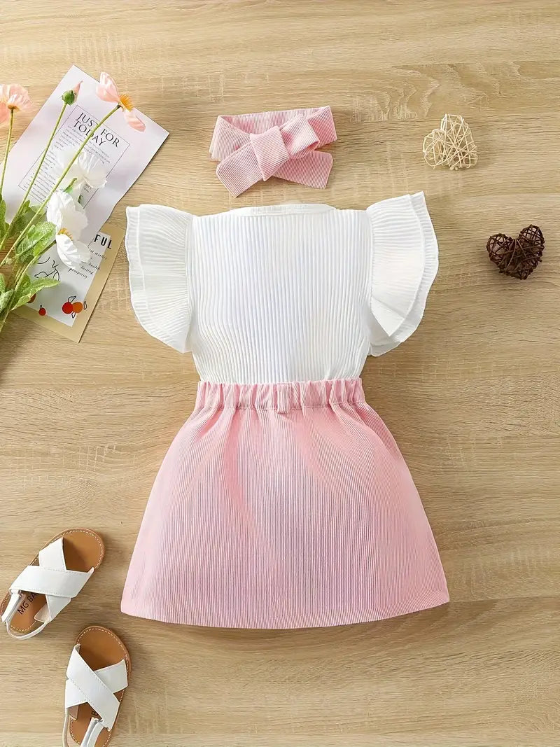 New European & American Girls' Ribbed Ruffle Sleeve Top and Corduroy Skirt Set