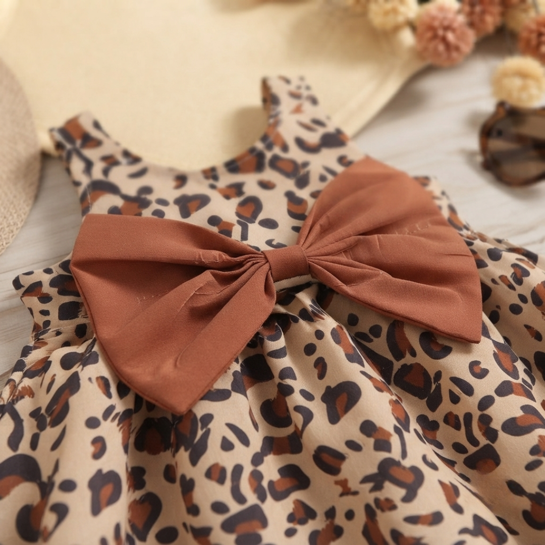 Ensemble deux pièces 100 % coton, robe léopard à col carré, sans manches, nœud papillon et chapeau