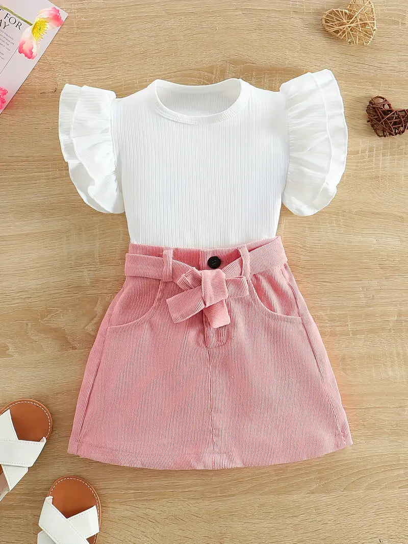 New European & American Girls' Ribbed Ruffle Sleeve Top and Corduroy Skirt Set