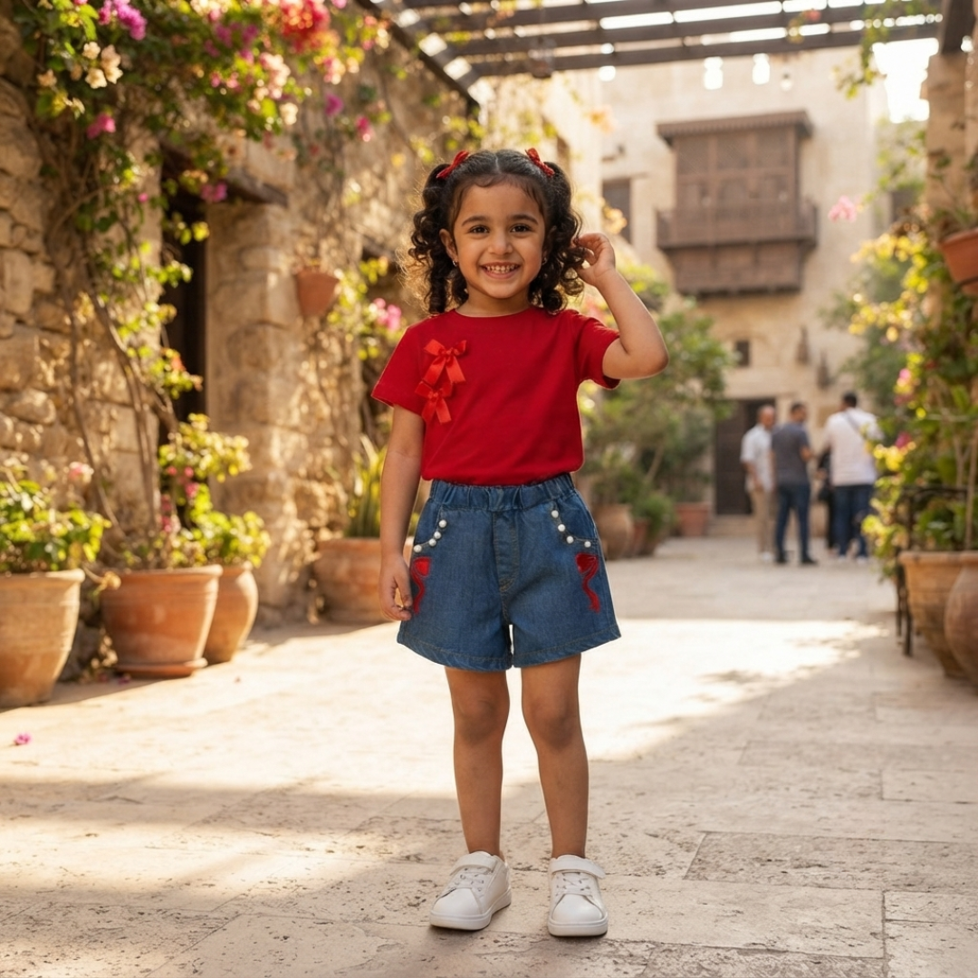 Girls Red Bow T-Shirt & Denim Shorts 2-Piece Summer Outfit Set