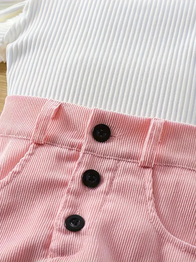 New European & American Girls' Ribbed Ruffle Sleeve Top and Corduroy Skirt Set
