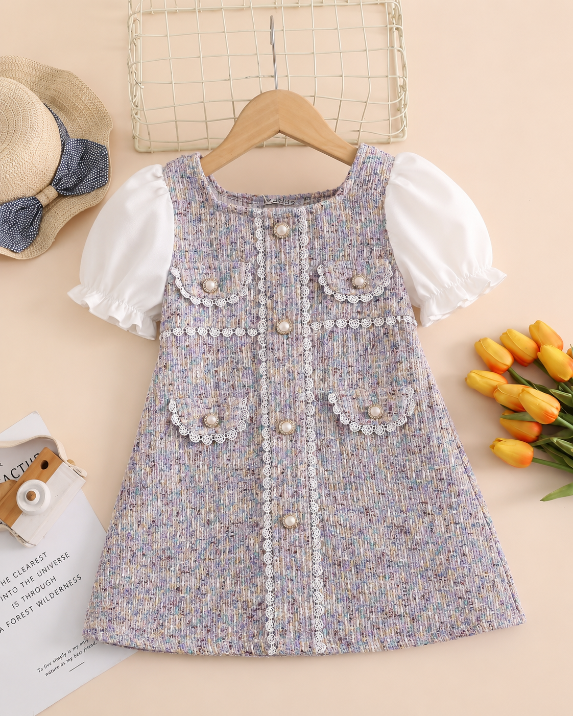 Girls Elegant Tweed Puff Sleeve Party Dress – Princess Style A-Line Dress