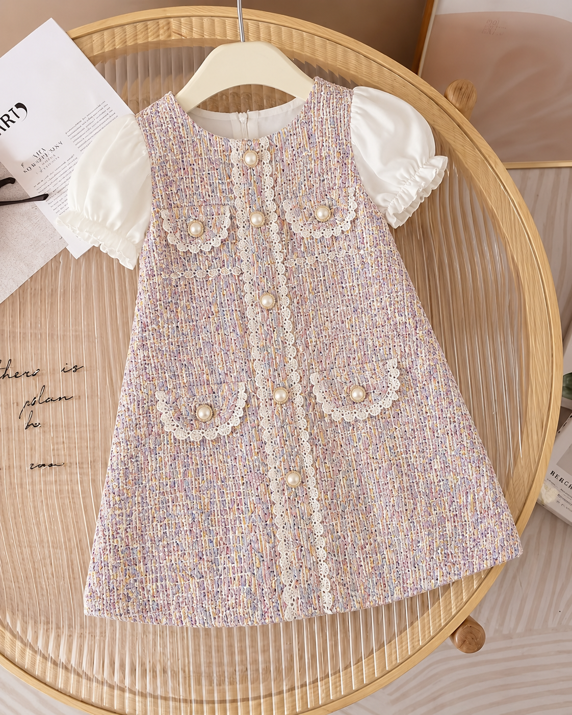 Girls Elegant Tweed Puff Sleeve Party Dress – Princess Style A-Line Dress
