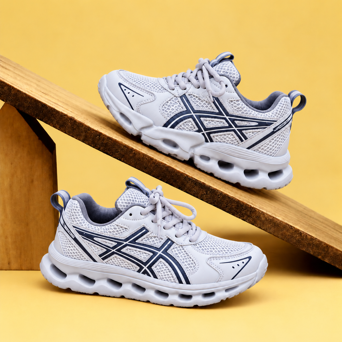Baskets sportives pour enfant en mesh avec détails latéraux contrastants, semelles ajourées sculptées et fermeture à lacets ou auto-agrippante — Chaussures de tous les jours
