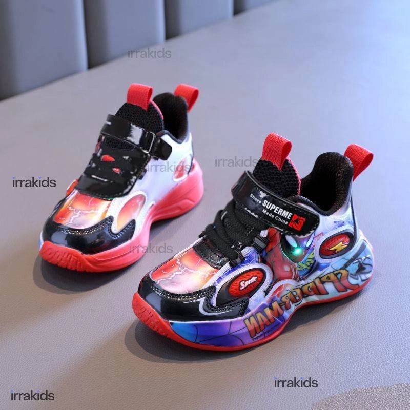 Kids LED Light-Up Sneakers: Red & Blue PU Leather Casual Sports Shoes - IRRAKIDS