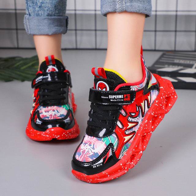 Kids' Cartoon LED Light-Up Sneakers: Red & Blue PU Leather Casual Sports Shoes - Sizes 21-35 - IRRAKIDS