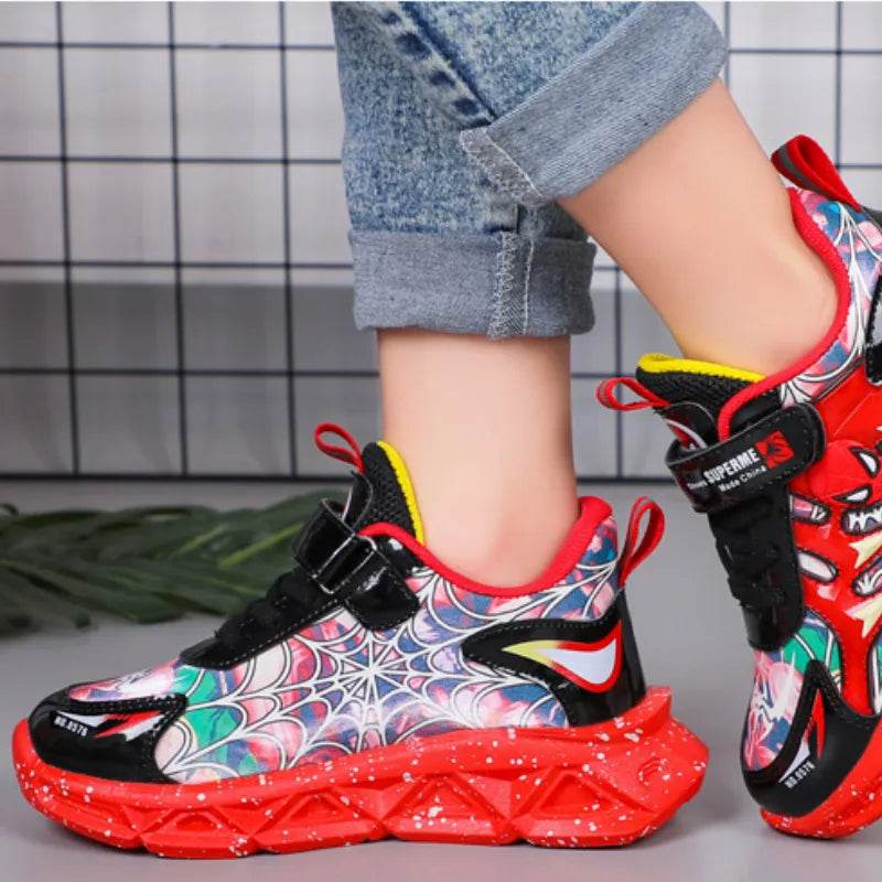 Kids' Cartoon LED Light-Up Sneakers: Red & Blue PU Leather Casual Sports Shoes - Sizes 21-35 - IRRAKIDS