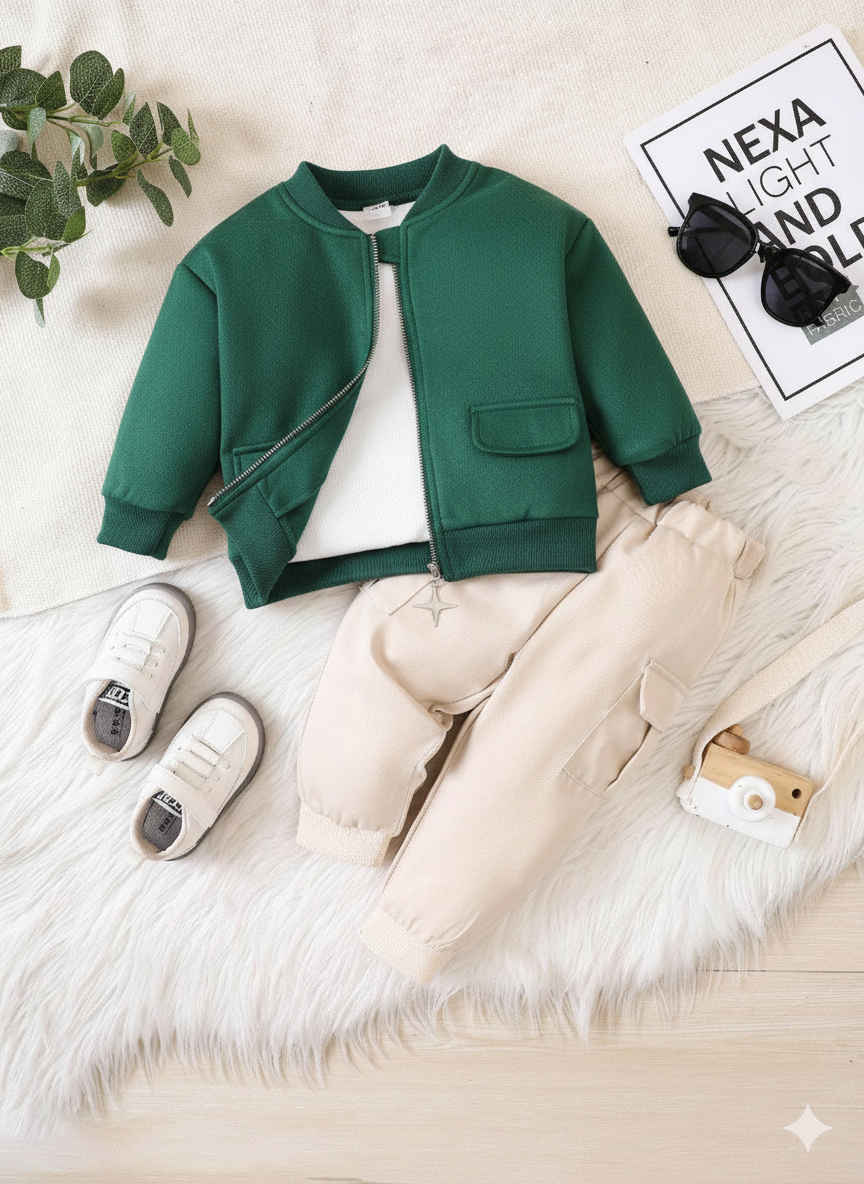 Stylish Baby Boy Suede Jacket & Cargo Pants Set – Cozy & Trendy Outfit for All Seasons
