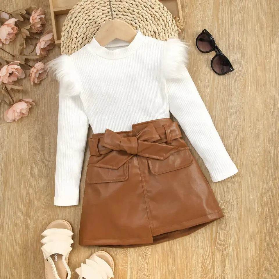 2PCS Little Fashionista's Set: Long Sleeve Fluffy Ribbed Top + PU Leather Skirt with Belt - IRRAKIDS