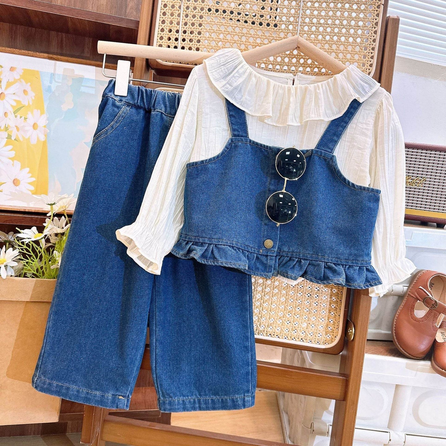 Stylish Girls Outfit Set - Ruffle Collar Shirt with Jeans and Fashionable Jacket - IRRAKIDS