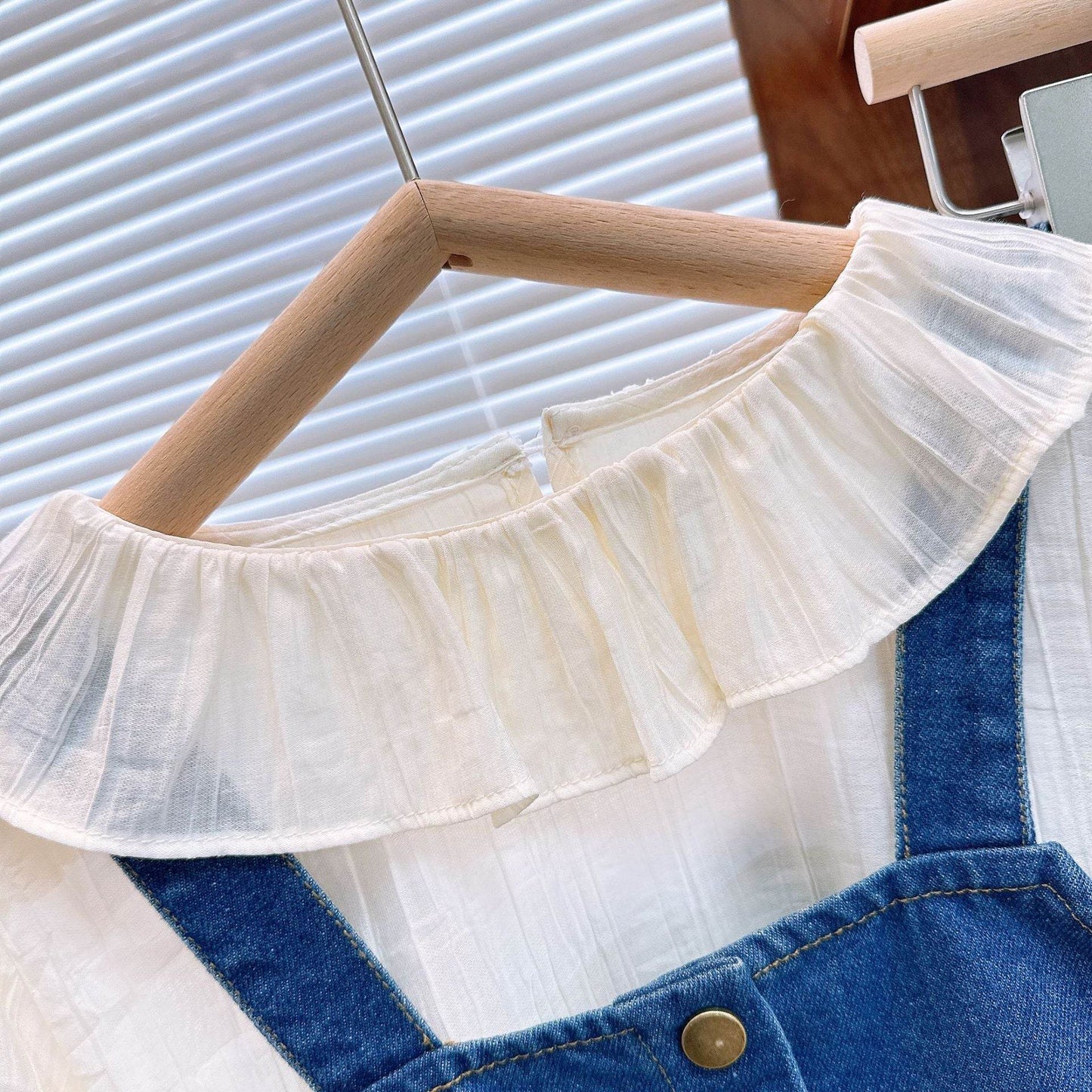 Stylish Girls Outfit Set - Ruffle Collar Shirt with Jeans and Fashionable Jacket - IRRAKIDS