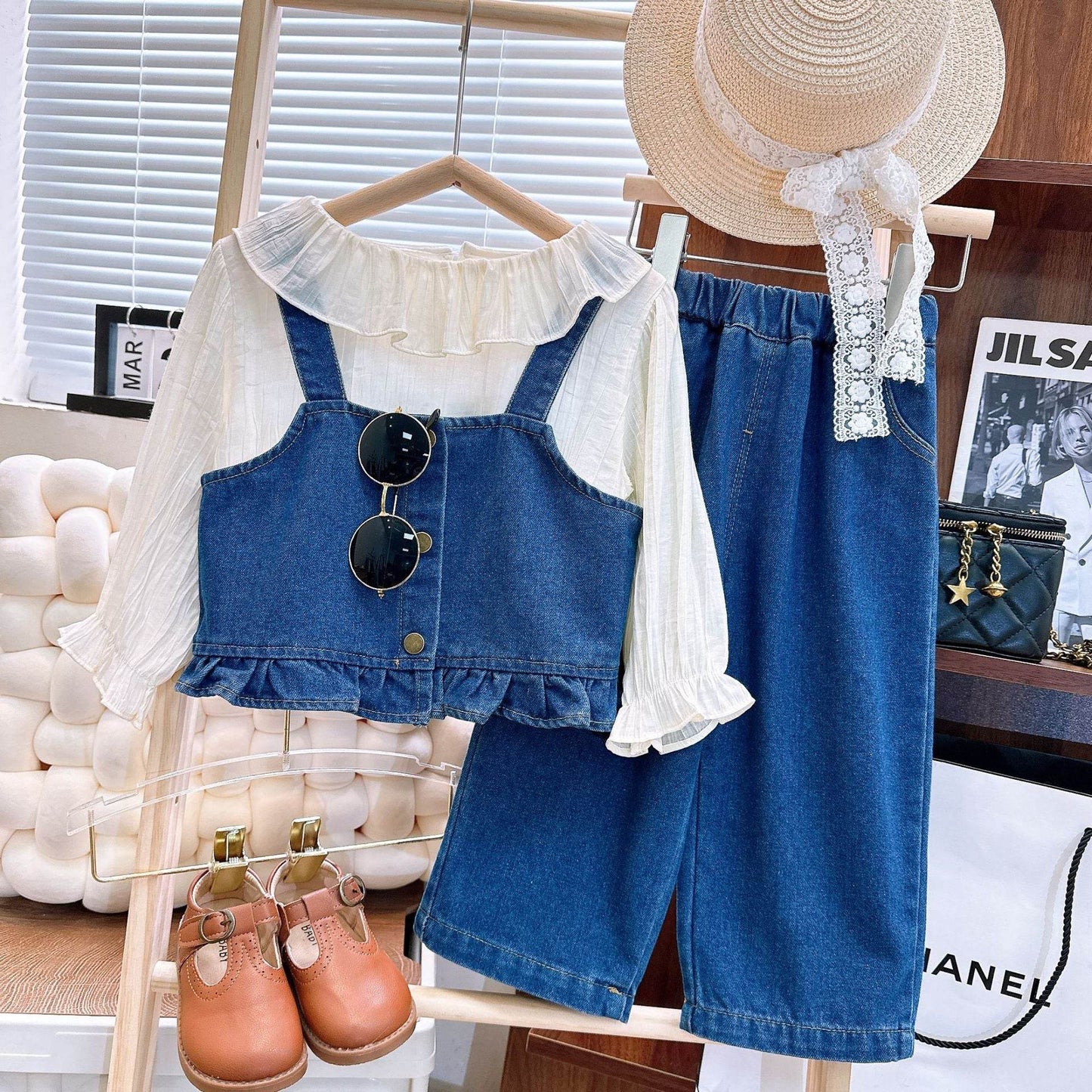 Stylish Girls Outfit Set - Ruffle Collar Shirt with Jeans and Fashionable Jacket - IRRAKIDS