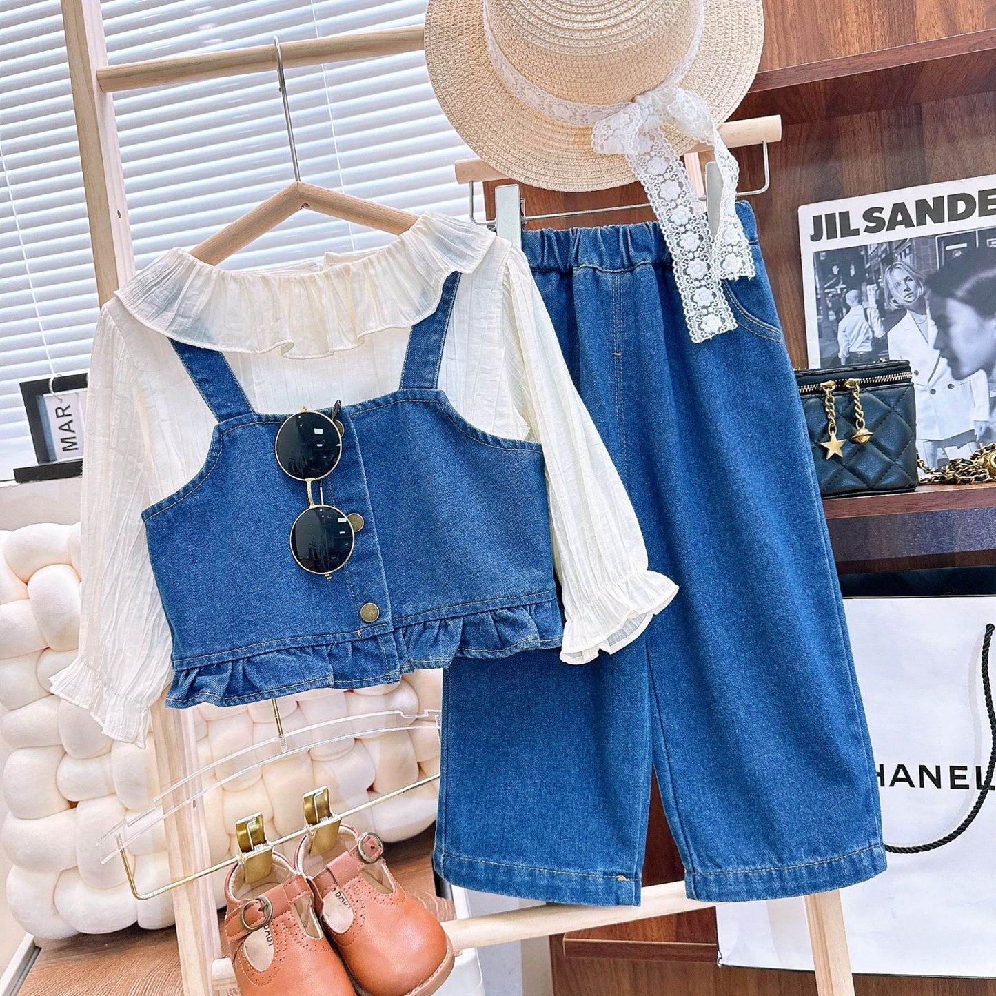 Stylish Girls Outfit Set - Ruffle Collar Shirt with Jeans and Fashionable Jacket - IRRAKIDS