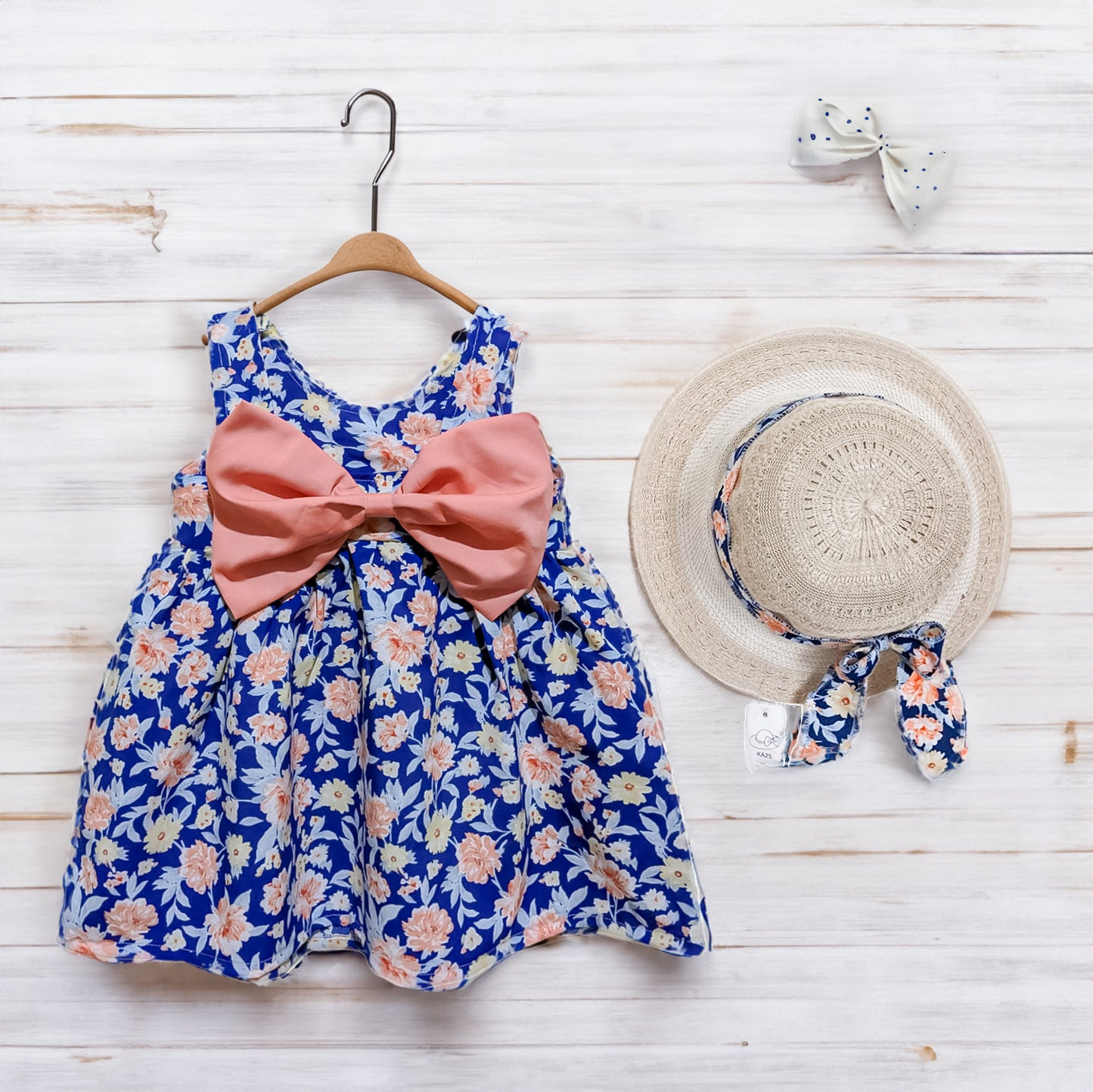 Floral Dreams: Sleeveless Dress and Hat Set - Blue with Pink Flowers