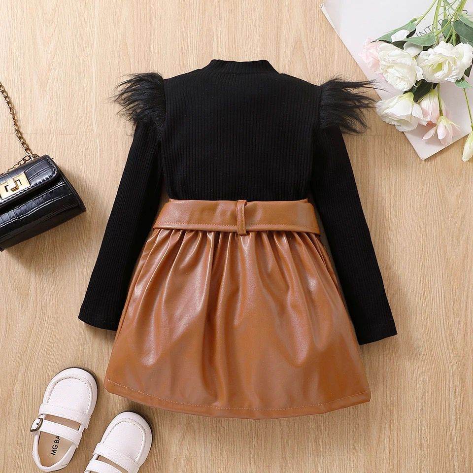 2PCS Little Fashionista's Set: Long Sleeve Fluffy Ribbed Top + PU Leather Skirt with Belt - IRRAKIDS