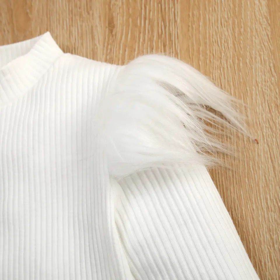 2PCS Little Fashionista's Set: Long Sleeve Fluffy Ribbed Top + PU Leather Skirt with Belt - IRRAKIDS