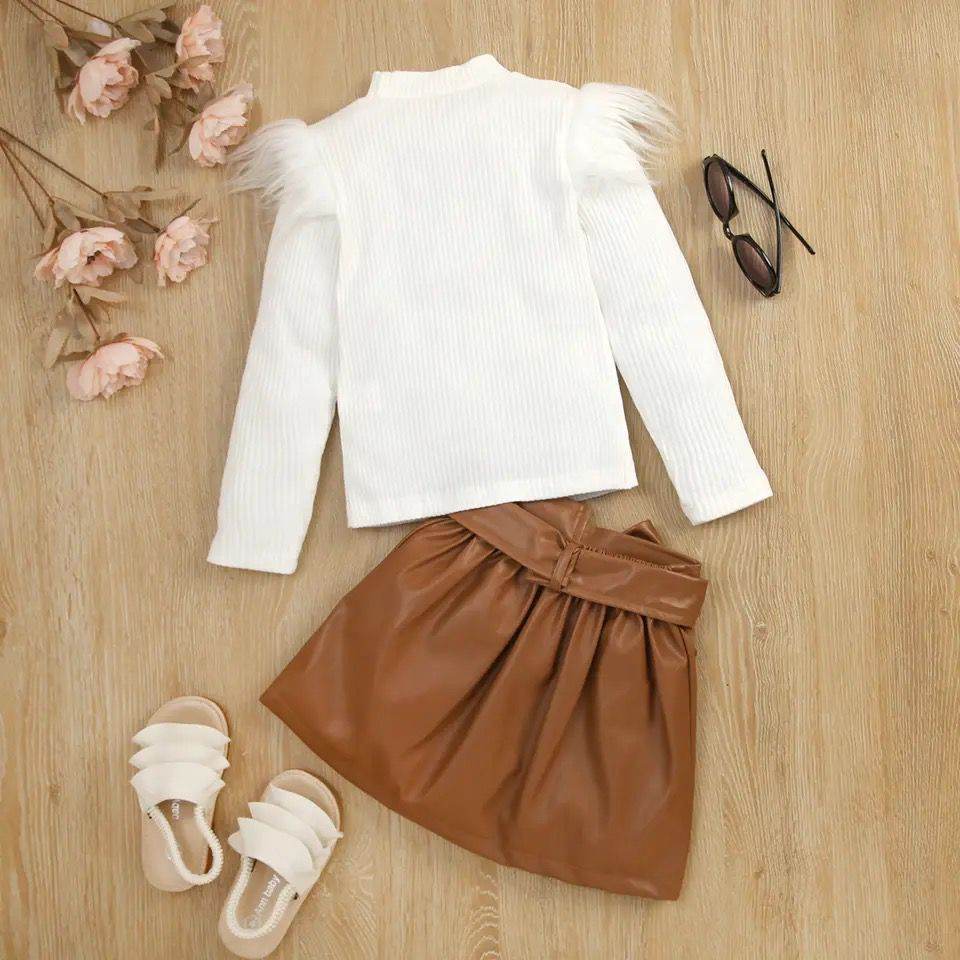 2PCS Little Fashionista's Set: Long Sleeve Fluffy Ribbed Top + PU Leather Skirt with Belt - IRRAKIDS
