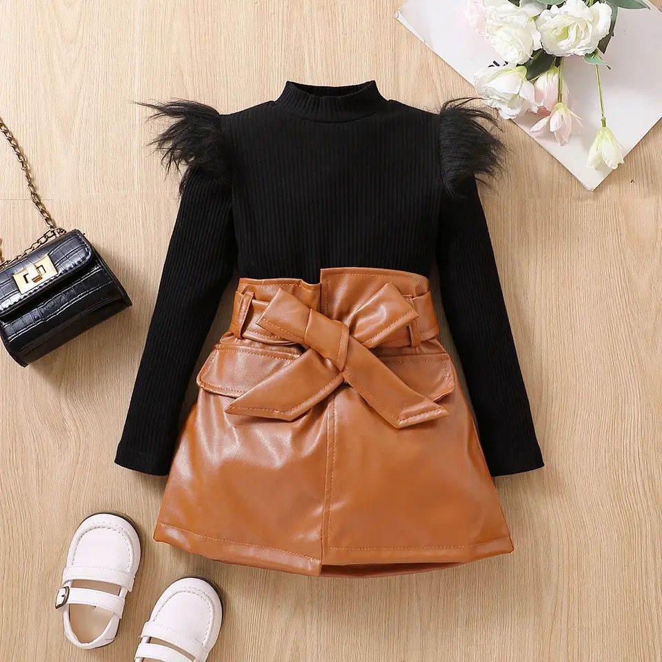 2PCS Little Fashionista's Set: Long Sleeve Fluffy Ribbed Top + PU Leather Skirt with Belt - IRRAKIDS