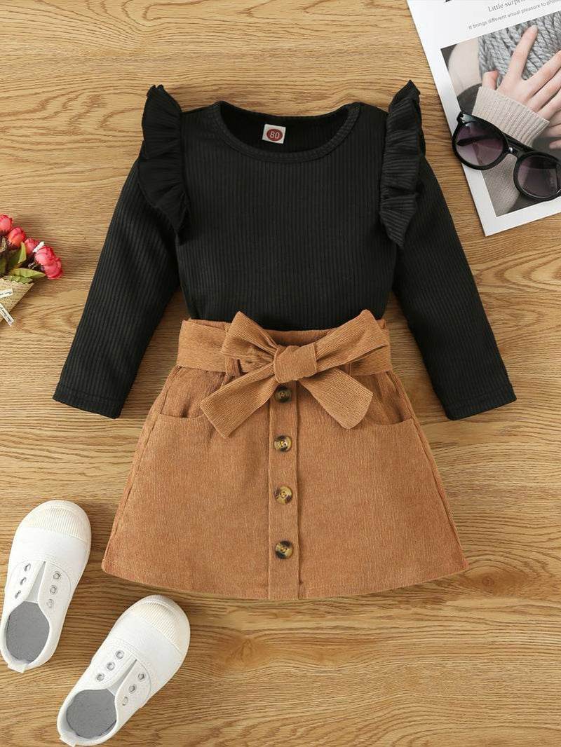2 pcs Toddler Kids Baby Girl Ruffle Long Sleeve Sweatshirt Top Mini Pleated Skirt Set - IRRAKIDS