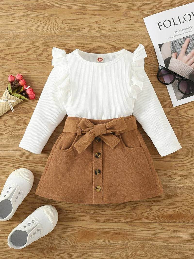 2 pcs Toddler Kids Baby Girl Ruffle Long Sleeve Sweatshirt Top Mini Pleated Skirt Set - IRRAKIDS
