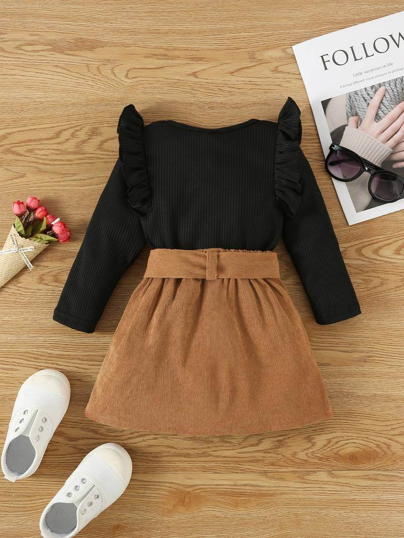 2 pcs Toddler Kids Baby Girl Ruffle Long Sleeve Sweatshirt Top Mini Pleated Skirt Set - IRRAKIDS