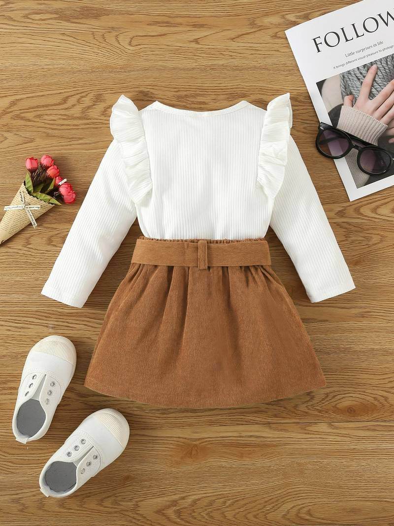2 pcs Toddler Kids Baby Girl Ruffle Long Sleeve Sweatshirt Top Mini Pleated Skirt Set - IRRAKIDS