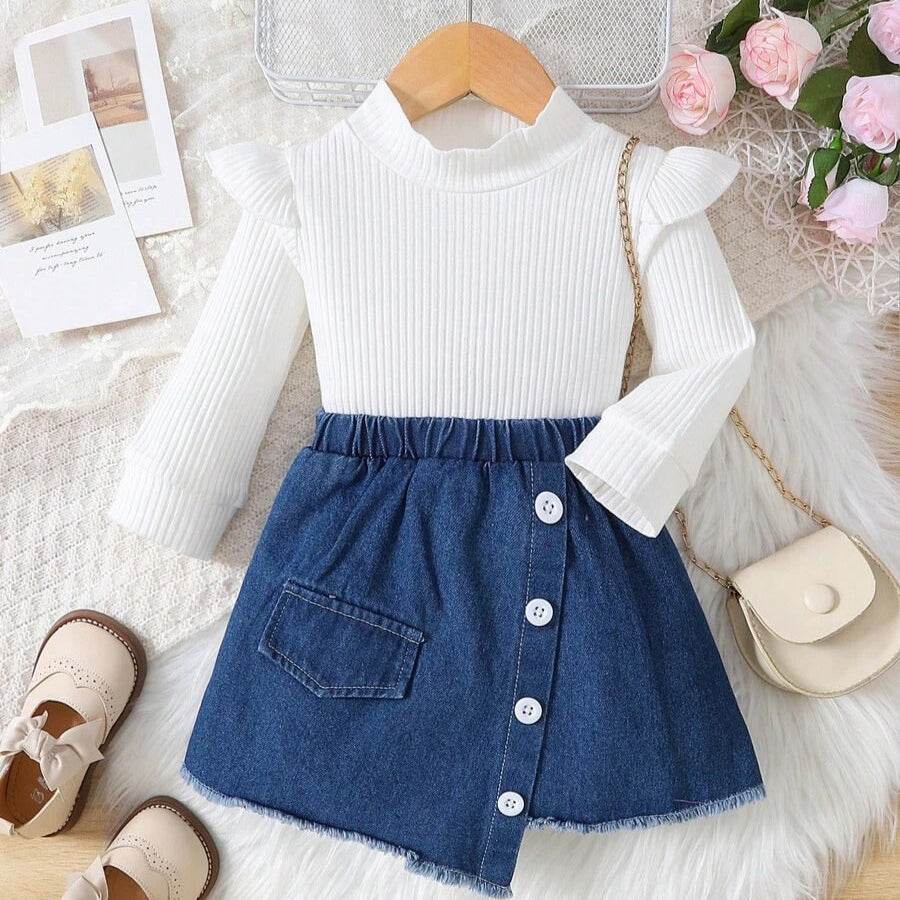 Stylish set for girls - ruffle t-shirt and trendy denim skirt ✨💙 - IRRAKIDS