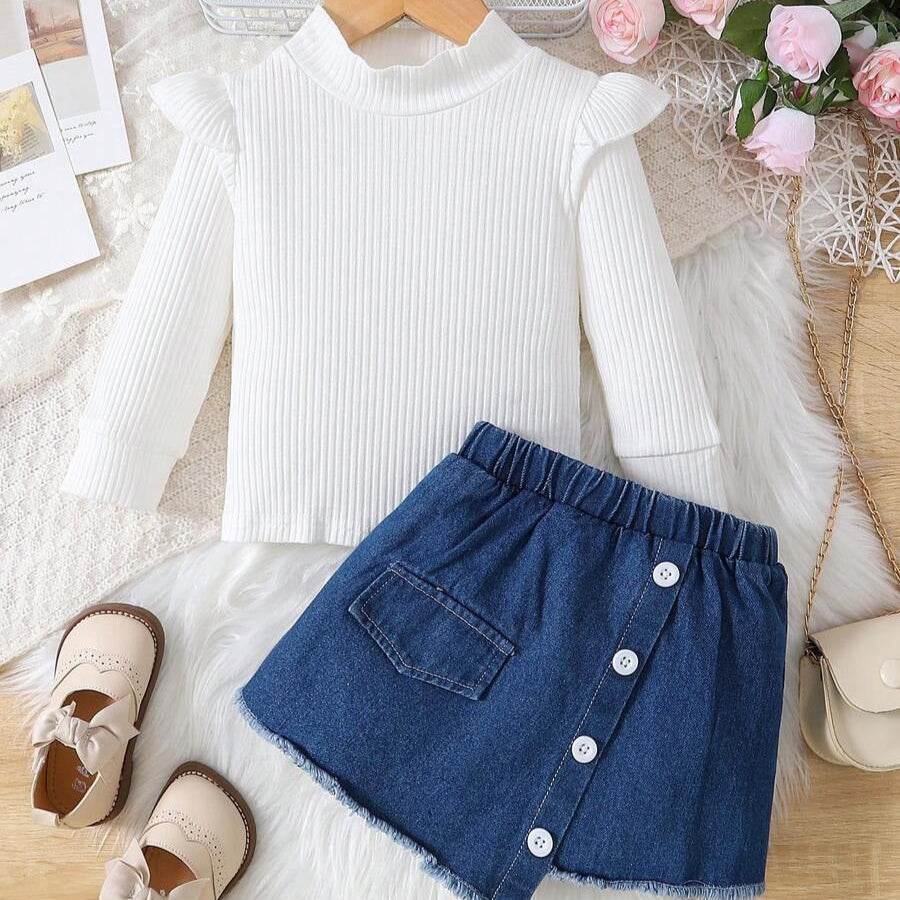 Stylish set for girls - ruffle t-shirt and trendy denim skirt ✨💙 - IRRAKIDS