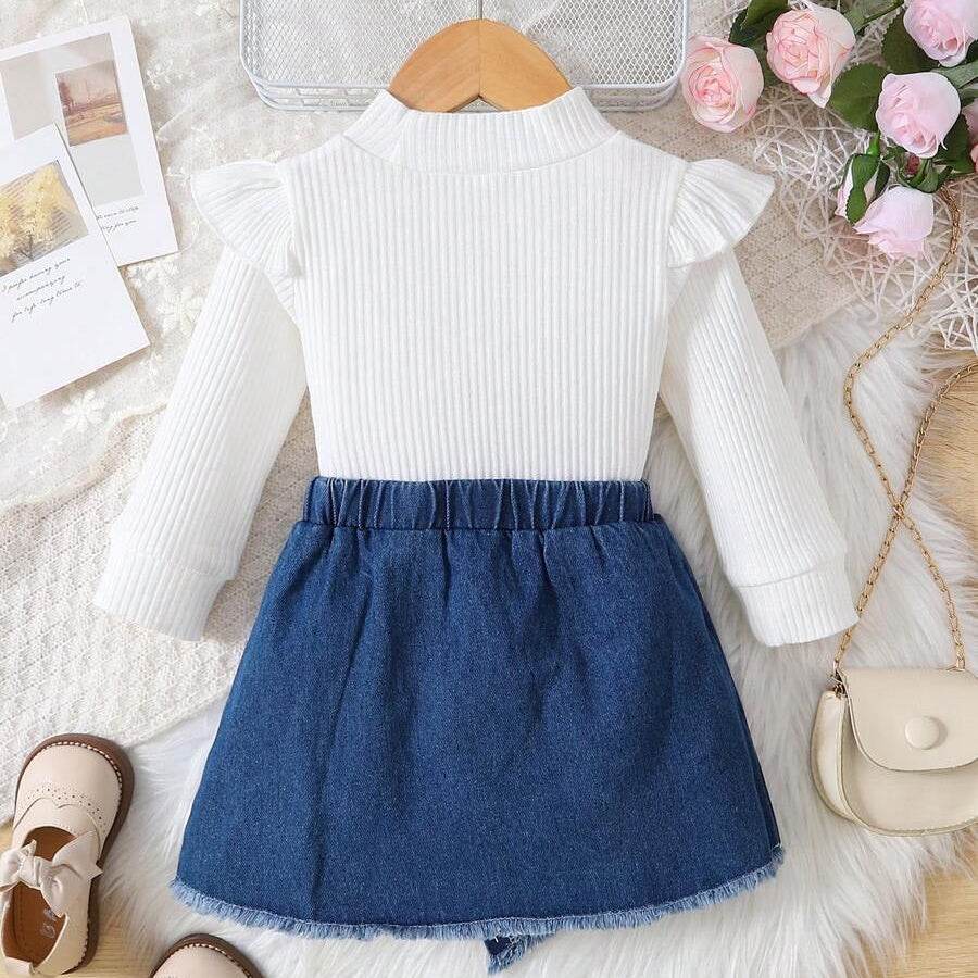 Stylish set for girls - ruffle t-shirt and trendy denim skirt ✨💙 - IRRAKIDS