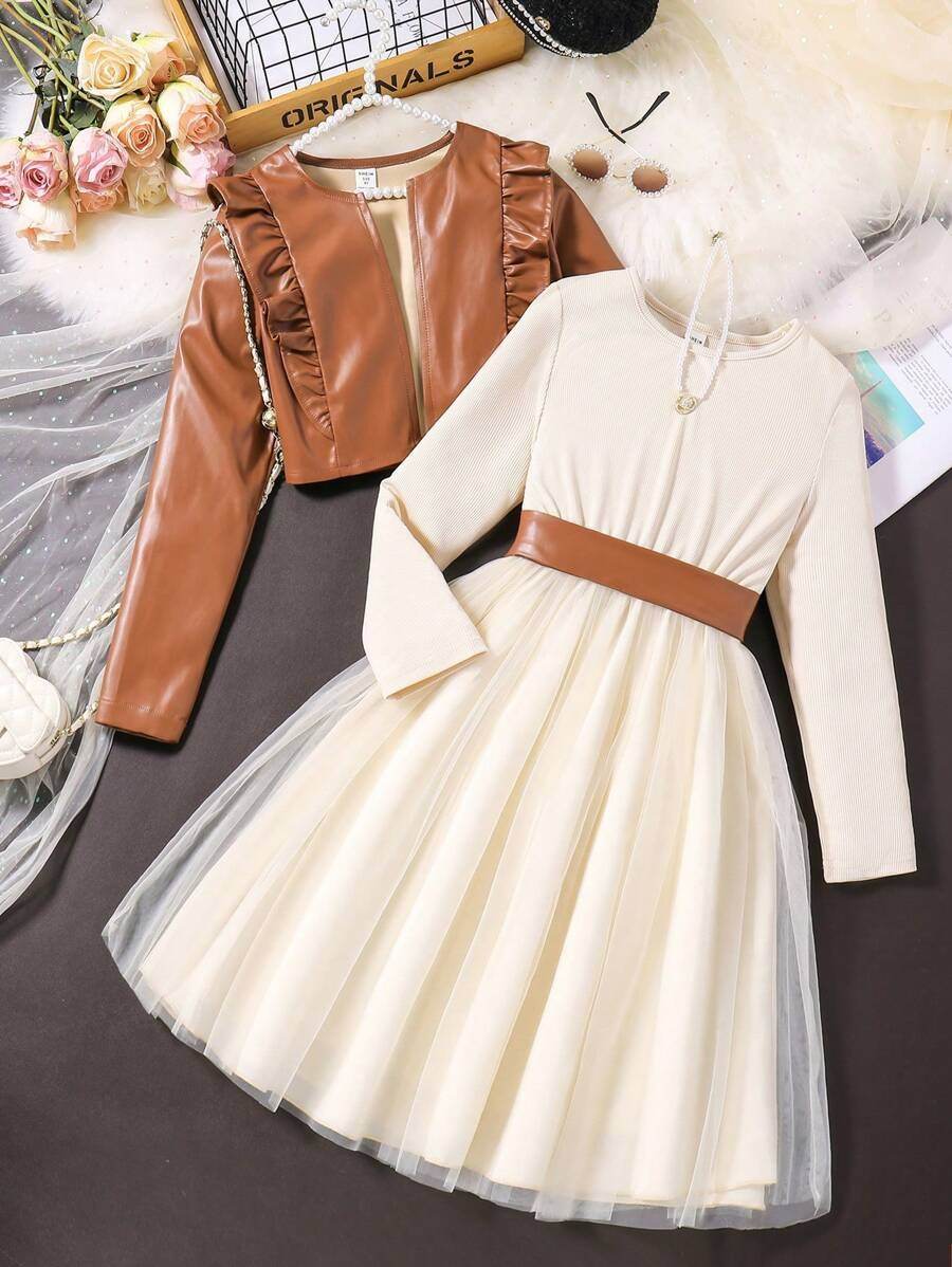 Stylish winter outfit for girls - luxurious leather jacket and charming mesh dress ❄️✨ - IRRAKIDS