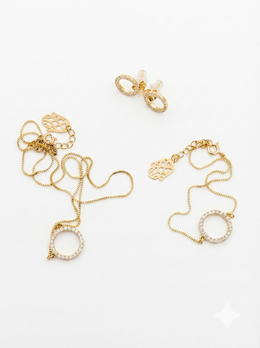 Girls' 3-Piece Gold Anti-Tarnish Jewelry Set - Diamond Circle & Hamsa Hand Motif Necklace, Bracelet, and Earrings