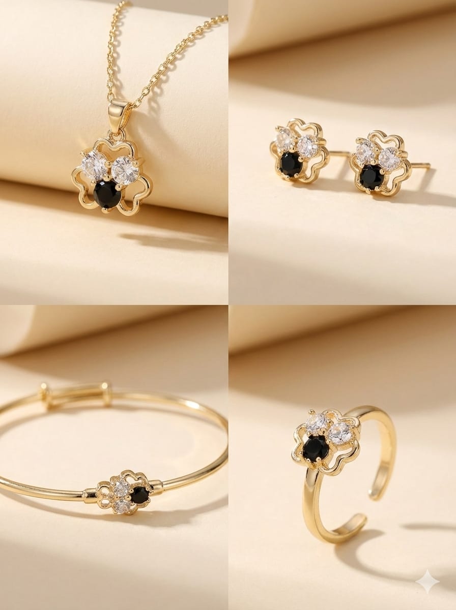 طقم مجوهرات ذهبي مقاوم للتاكل على شكل نفل رباعي الأوراق - لون يدوم طويلاً مضاد للاكسدة ياتي بأحجار زركونيا مكعبة سوداء وشفافة (مجموعة من 5 قطع)