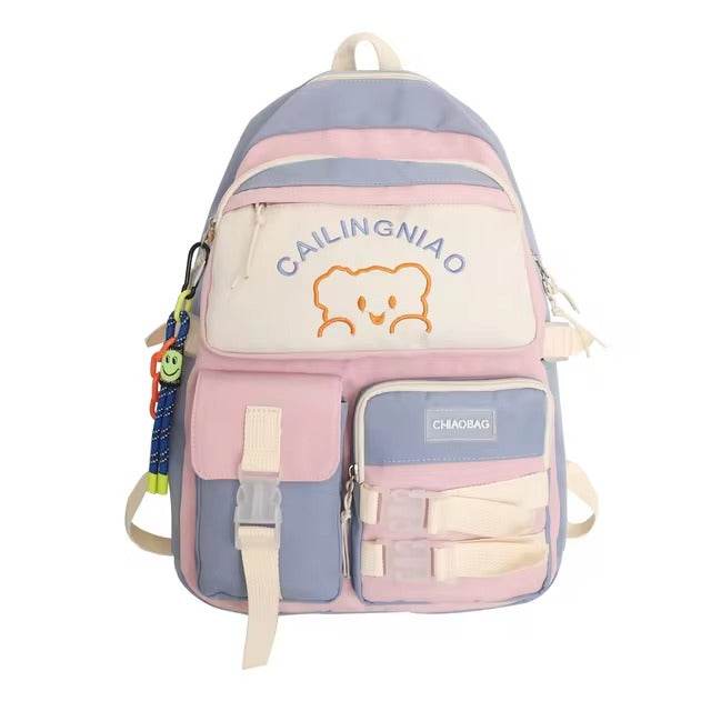 Korean Style Multi-Pocket Backpacks for Girls and boys, Embroidered Bear Waterproof School Bags - IRRAKIDS