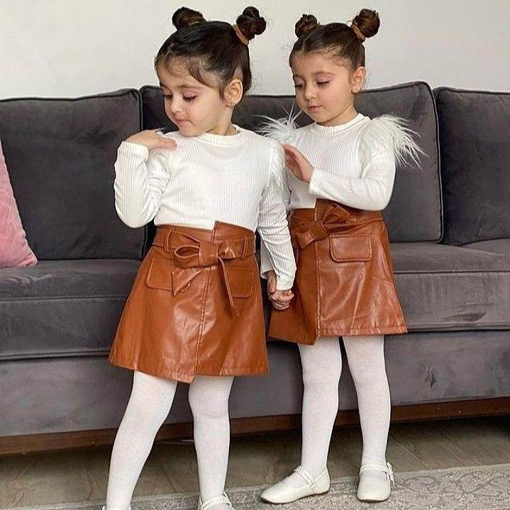 2PCS Little Fashionista's Set: Long Sleeve Fluffy Ribbed Top + PU Leather Skirt with Belt - IRRAKIDS