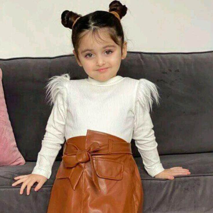 2PCS Little Fashionista's Set: Long Sleeve Fluffy Ribbed Top + PU Leather Skirt with Belt - IRRAKIDS