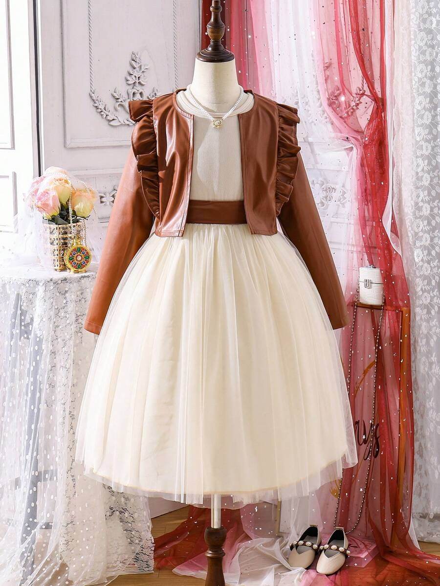 Stylish winter outfit for girls - luxurious leather jacket and charming mesh dress ❄️✨ - IRRAKIDS