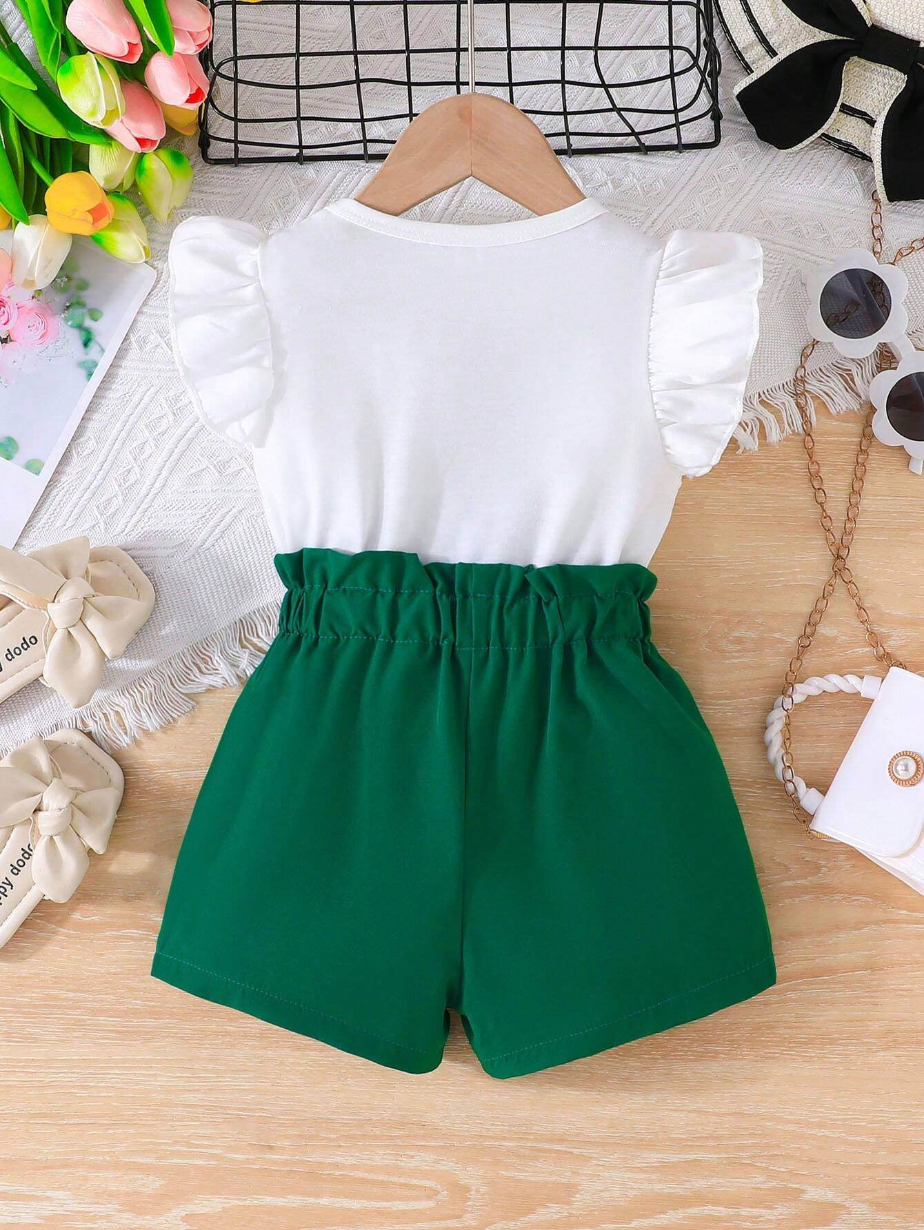 Young Girls Casual Cute Short Sleeve Blouse and Shorts Jumpsuit Set with Mother's Day Print and Floral Trim for Spring Summer, 2 Pieces - IRRAKIDS